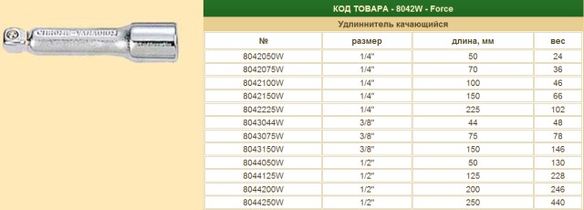 Ключ удлинитель головок 1/2  200мм. FORCE шарнир.