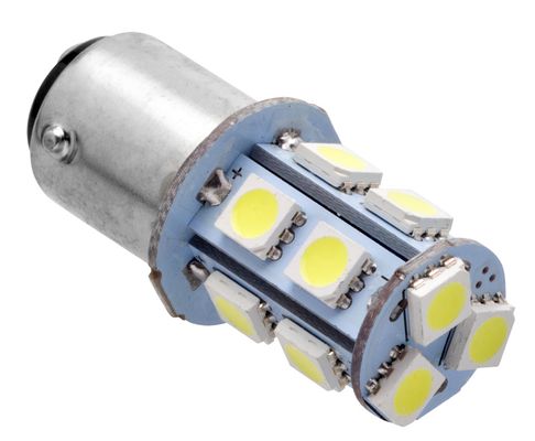 Лампа светодиод. 12V T25/5 13 диодов SMD белая 2-контакт. (P21/5W) (BAY15D) (5050) (Автосвет)