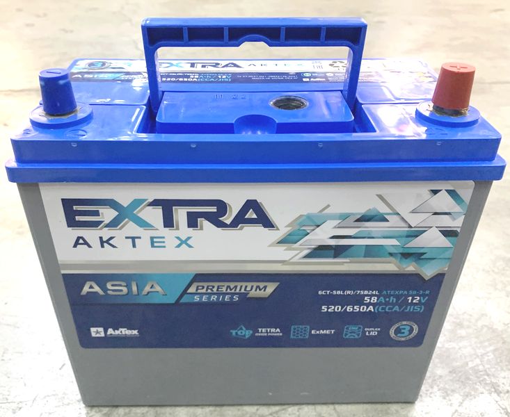 Аккумулятор АЗИЯ B24L АКТЕХ EXTRA PREMIUM 58Ач (75B24L) обрат. поляр. (238*129*225 пуск. ток 520/650А)