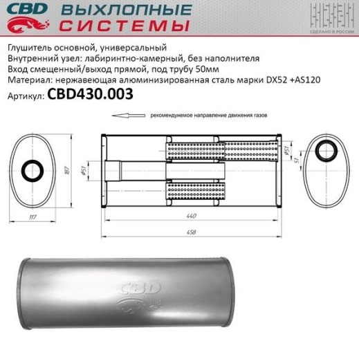 Глушитель основной универсальный алюминиз.сталь. Овал D187*117, L458. Вход смещенный/выход прямой, под трубу 501мм.