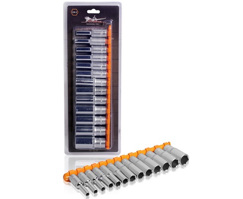 Набор головок торцевых 13 предметов 3/8 6-гранных (6,7,8,9,10,11,12,13,14,15,16,17,19мм) глубоких