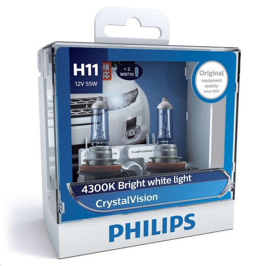 Лампа PHILIPS H11-12-55 CRISTAL VISION PGJ19-2(набор 2шт H11 +W5W) (5)