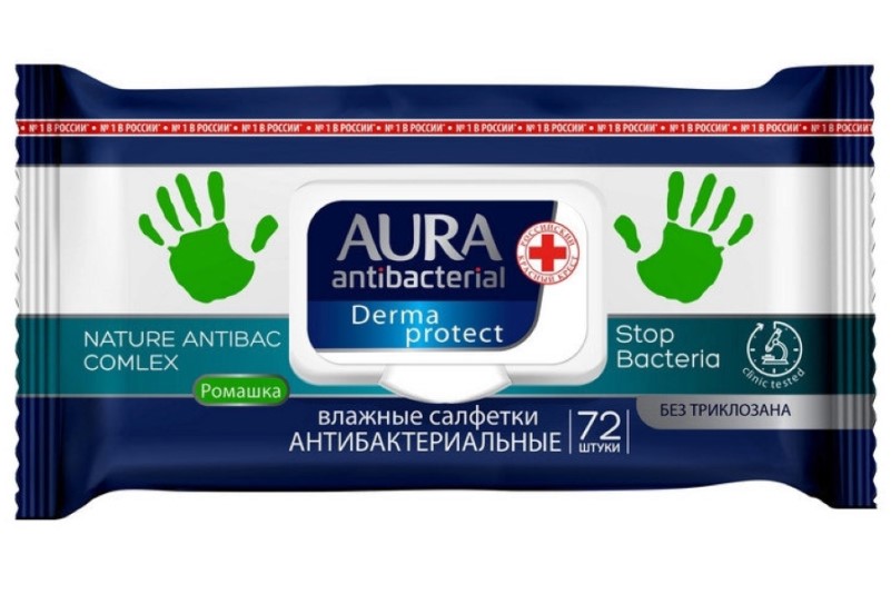 Салфетка влажная AURA с антиб.эффектом Derma Protect с клапаном (72шт)