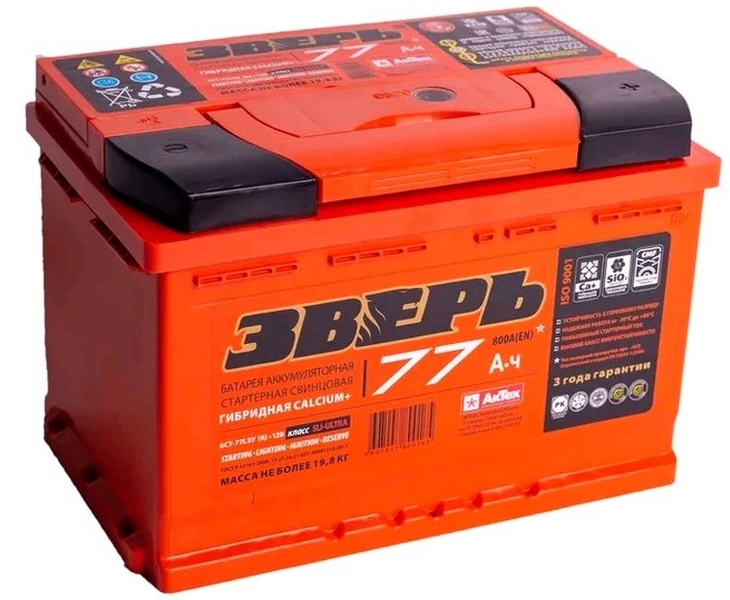 Аккумулятор 6СТ 77 Ah оп(-,+)  ЗВЕРЬ  (278*175*190 пуск. ток 800А) Гибрид. Гарантия 3 года