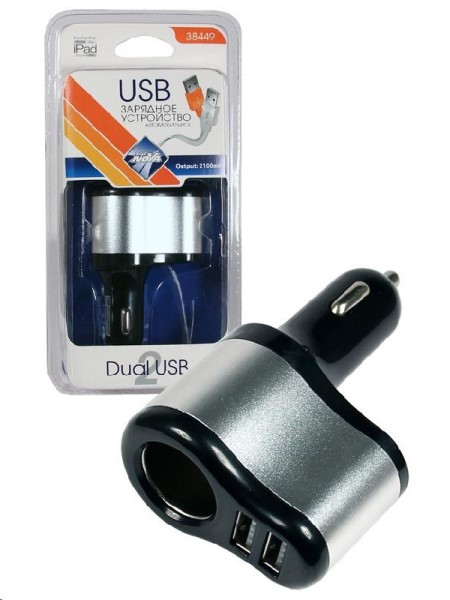 Прикуриватель-разветвитель на 1 гнездо + 2 USB порт, LED подсветка