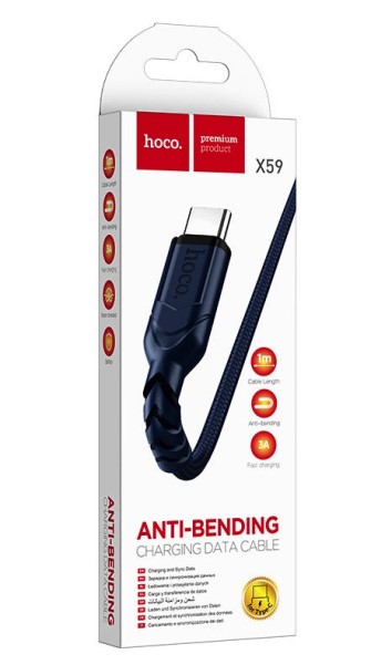 Кабель USB - USB type-C  1м 3A. нейлоновая оплетка, синий