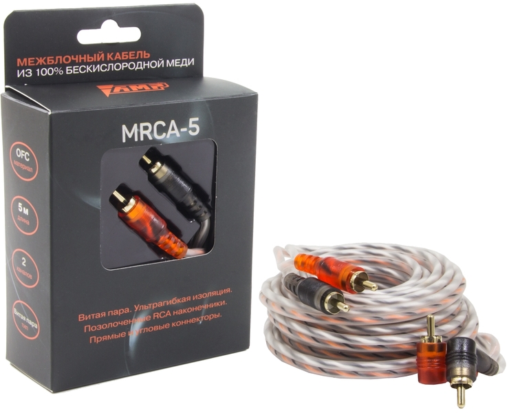 Кабель межблочный 2RCA-2RCA, 5м, витая пара, бескислородная медь