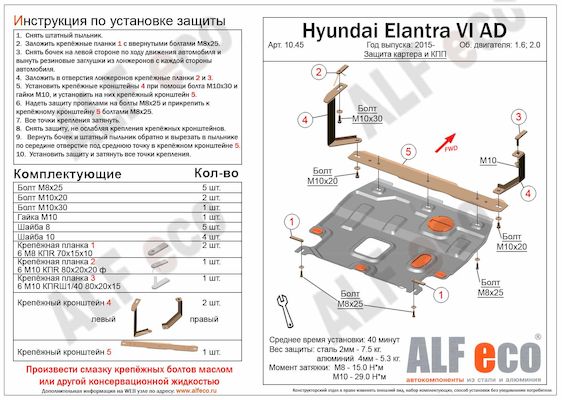 Защита картера и КПП Hyundai Elantra VI AD 16-- без шумоизоляции (ALFeco)