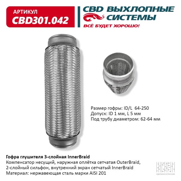 Гофра глушителя 64*250 (виброкомпенсатор выхлопной системы)(3-ех слойная inner braid)