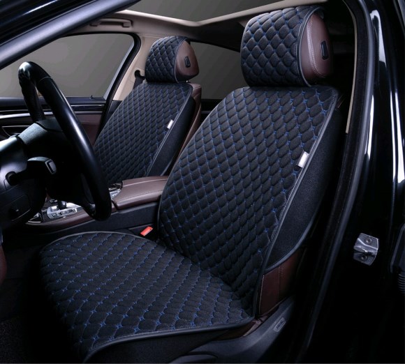 Накидка на сиденье ALCANTRA PREMIUM стеганая черная/синяя нить из 2шт