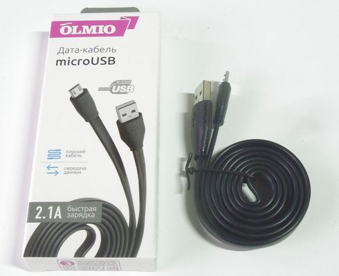 Кабель USB - micro USB /Android/ 1м, 2,1A плоский, черный