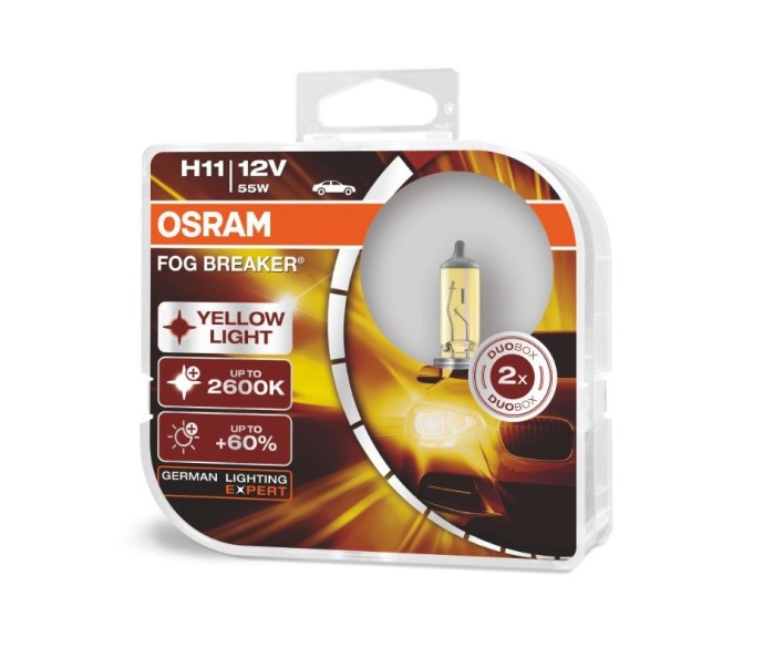 Лампа Osram H11-12-55 +60% FOG BREAKER 2600K набор 2шт Евро-бокс