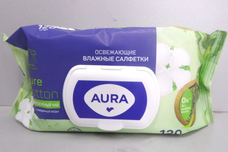 Салфетка влажная AURA Pure Cotton хлопок и зеленый чай с клапаном (120шт)