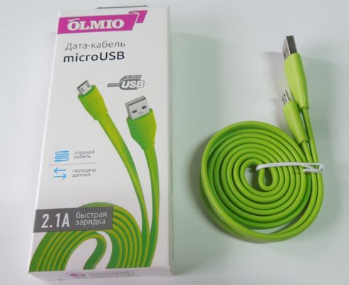 Кабель USB для microUSB 1м 2,1A плоский, зеленый