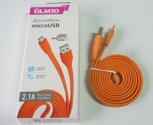 Кабель USB для microUSB  1м 2,1A плоский, оранжевый