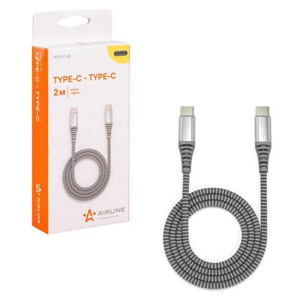 Кабель USB TYPE C - USB TYPE-C 2м, серый 3А, нейлоновая оплетка