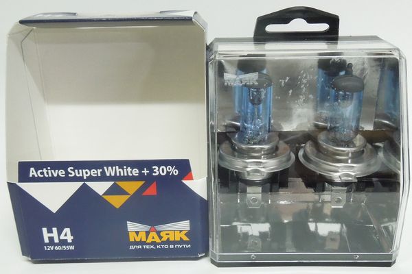 Лампа МАЯК H4-12- 60/55 +30% 4500K Super White Актив(ярко-белая) к-т 2шт.