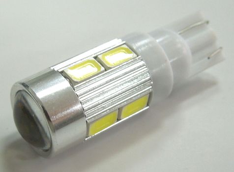 Лампа светодиод. 12V T10 бесцок. 10 диодов SMD белая с линзой (W5W)