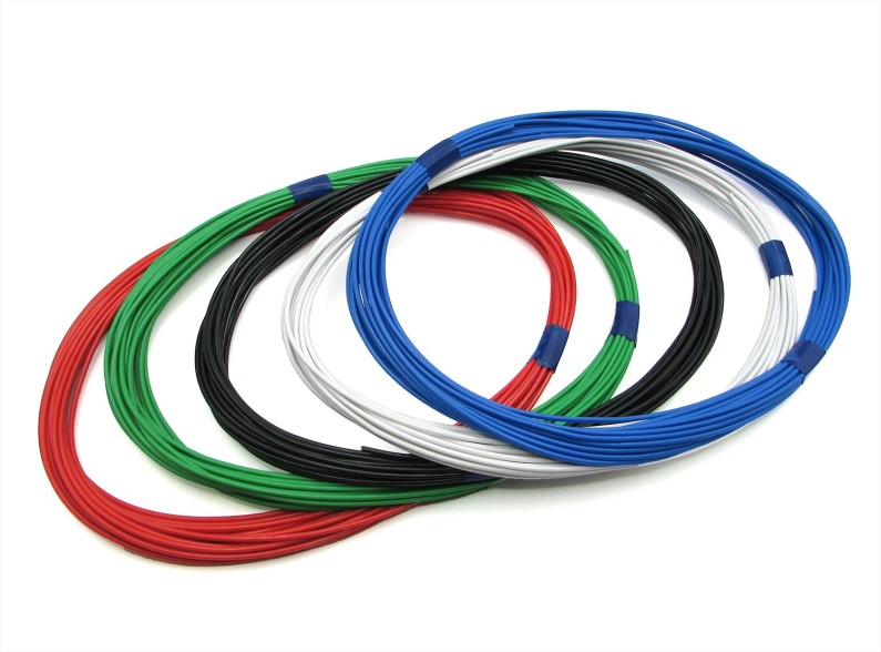 Комплект 5 проводов ПВАМ 0,75 кв.мм (цвета: черный, красный, зеленый, голубой, белый) длиной по 10м.