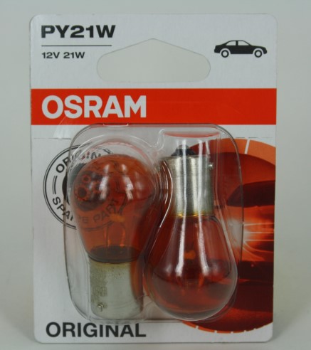Лампа Osram 12V PY21W желтая смещенный центр  (блистер 2шт.)