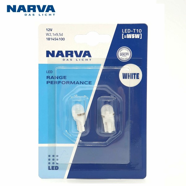 Лампа светодиод. 12V T10 бесцок.90Lm, 6000K белая (W5W) блистер 2шт (NARVA)
