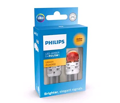 Лампа светодиод. 12V T25/5 LED желтая, 80/16Lm, Ultinon Pro6000 SI (PY21/5W) набор 2шт (PHILIPS)