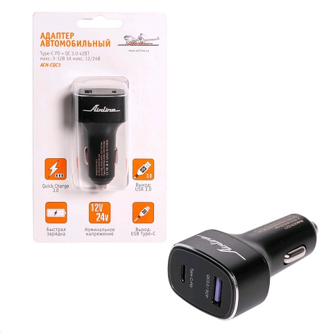 Устройство зарядное для мобил. тел. из прикуривателя 12/24В Type-C и Type-A cтандарт быстрой зарядки PD и QC 3.0 42Вт
