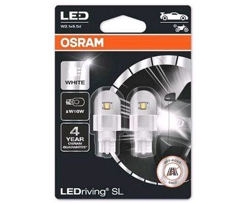 Лампа светодиод. 12V W16W бесцок. 1 диод белая 6000К LEDRIVING (W2.1x9.5d) блистер 2шт (Osram)