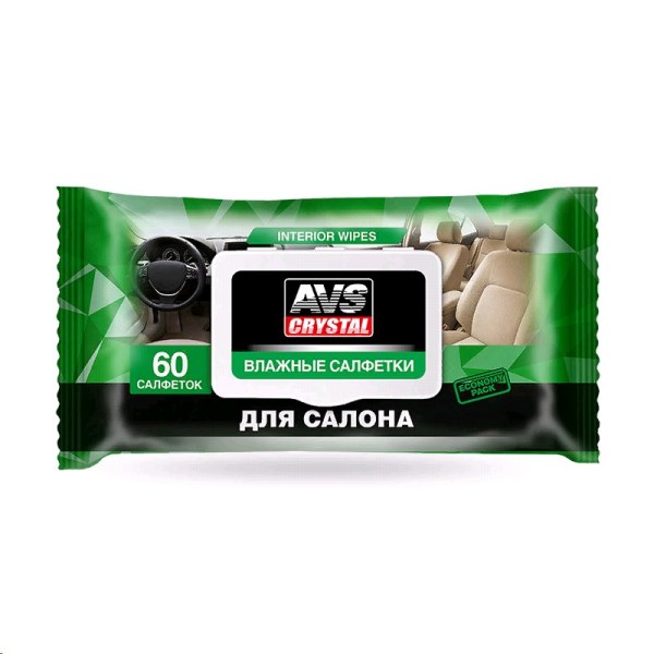 Салфетки влажные AVS для ухода за интерьером (пластик, кожа) автомобиля с клапаном (60шт)