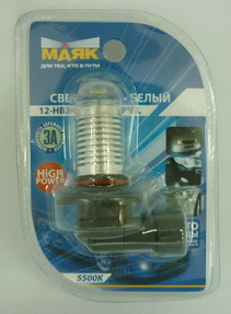 Лампа HB3 12V 1SMD З чипа белая с линзой  5500К светодиод. блистер